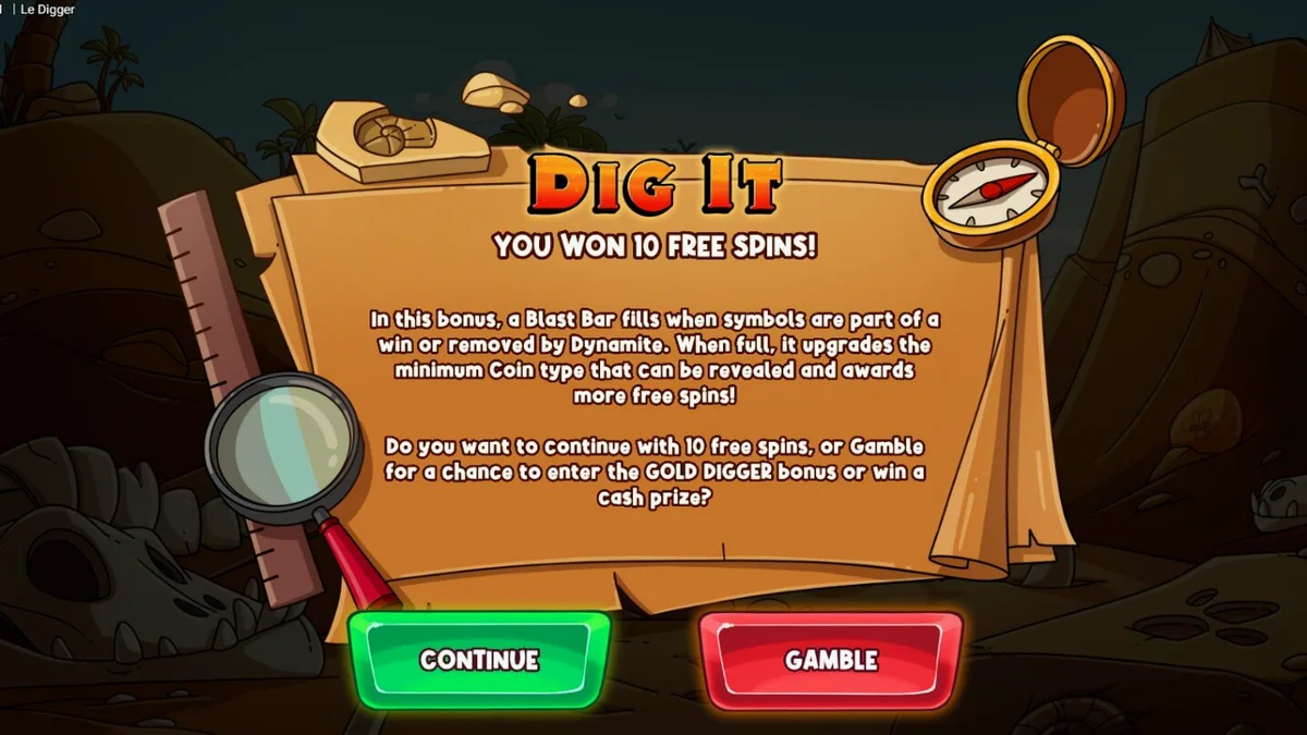 Ang makulay at cartoon-style na interface ng Le Digger slot na nagtatampok kay Smokey ang raccoon.