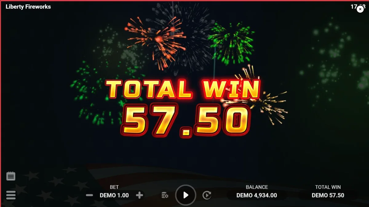 Liberty Fireworks 3 Pots slot game interface na may makukulay na paputok at American theme